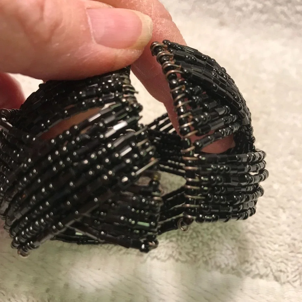Handmade Black Beaded Bracelet - Stretchy Cuff With Intricate Design‎